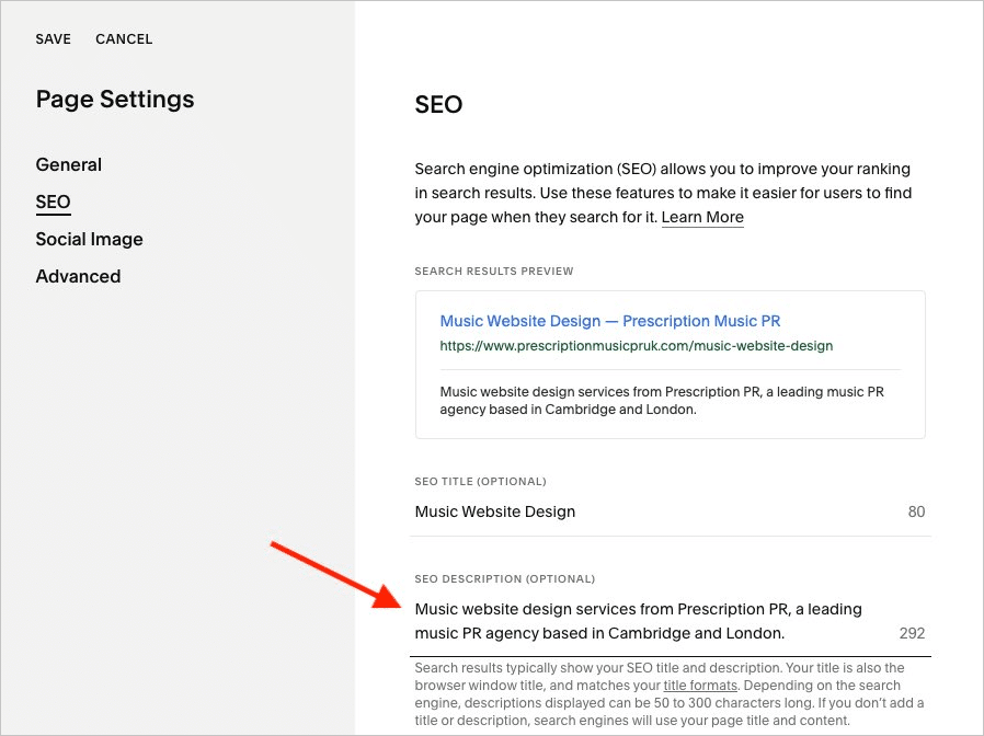 Adding a meta description to a static page in Squarespace