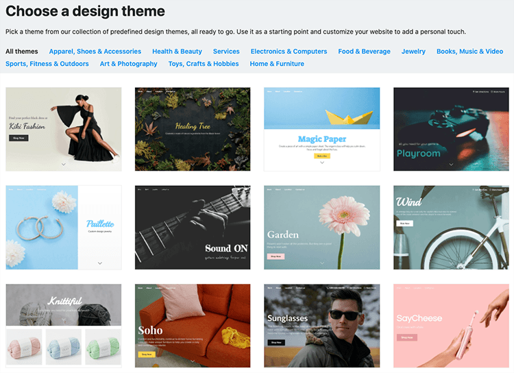 Some of the 'Instant Site' themes currently available from Ecwid