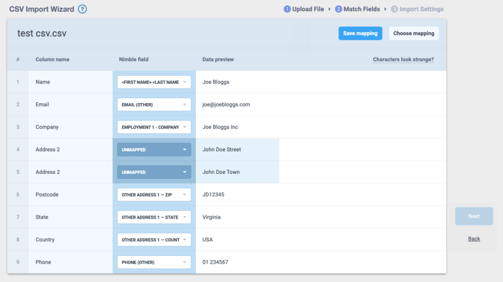 Mapping fields in Nimble CRM