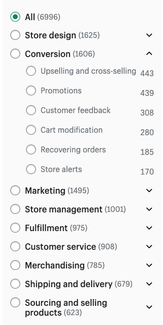 Using filters to search for apps in the Shopify app store