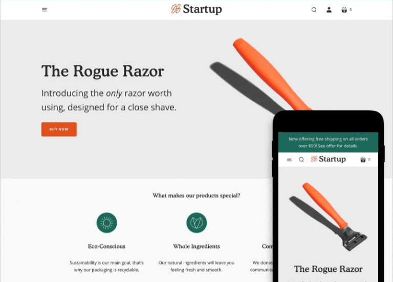 Example of a Shopify paid-for theme, 'Startup'