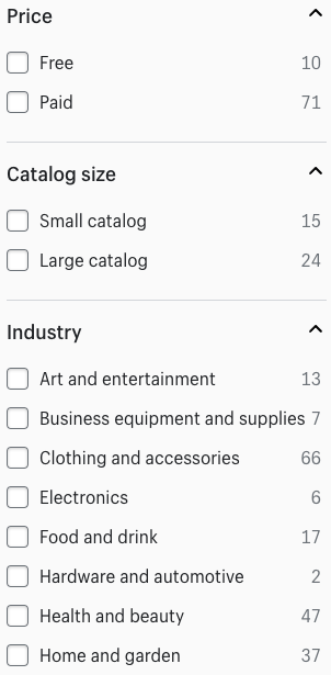 Examples of some of the Shopify theme store's search filters