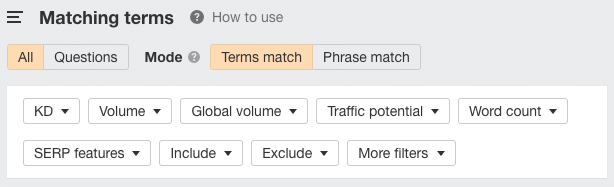 Additional keyword research filters in Ahrefs