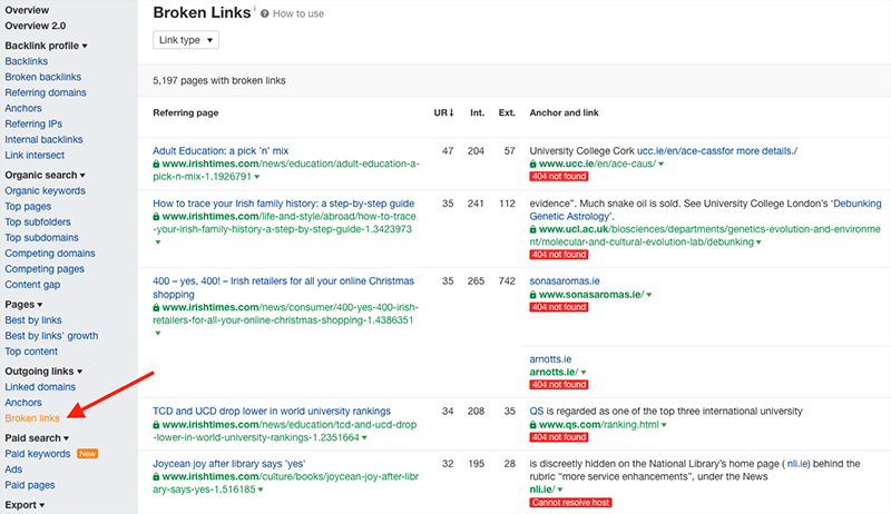 Identifying broken outbound links in Ahrefs