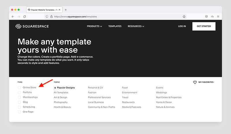 Using the Squarespace template filters to pick the right one