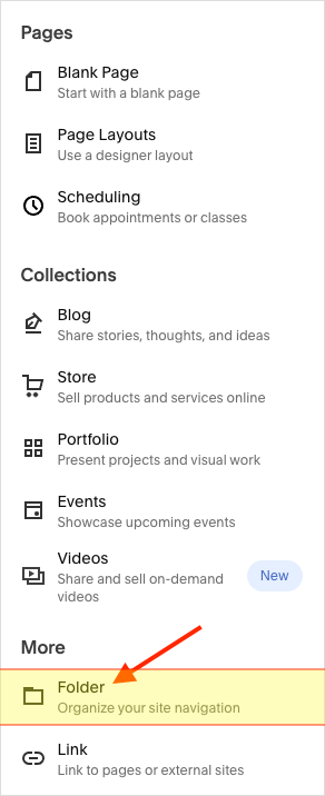 Creating a folder in Squarespace