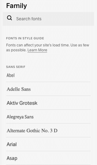 Browsing fonts in Squarespace