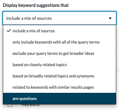 Moz' keyword suggestion dropdown menu