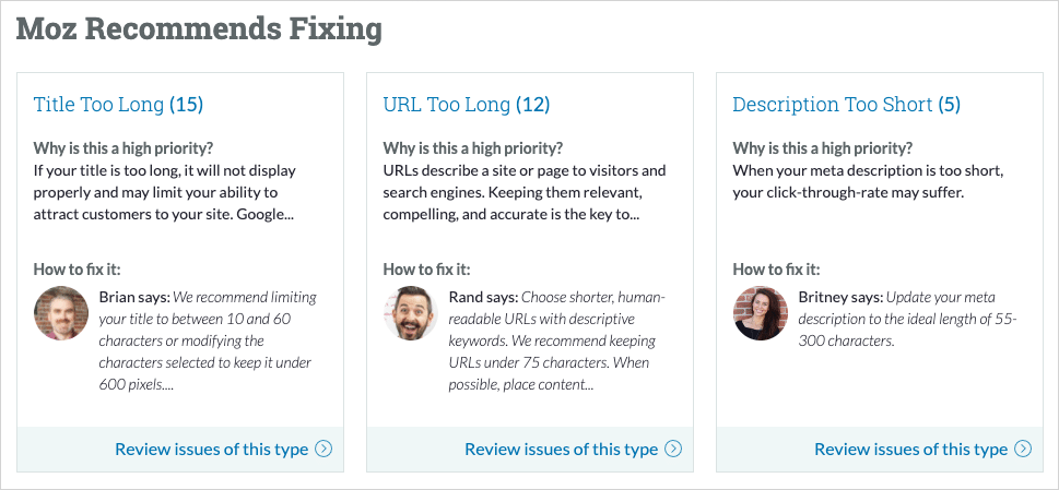 Contextual help in Moz for technical and on-page SEO suggestions