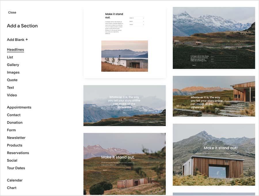 Section choices in Squarespace