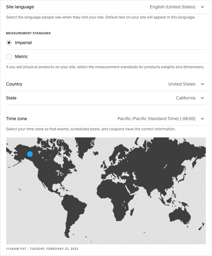 Language and region settings in Squarespace