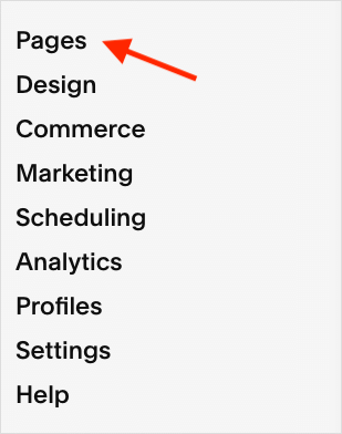 Accessing the 'pages' section in Squarespace