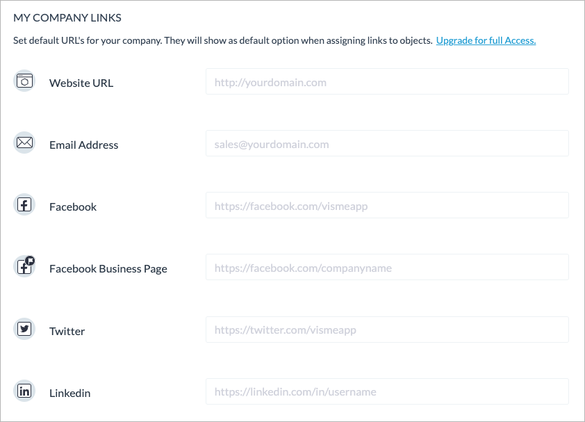 Defining default company links in the Visme 'My Brand' tool