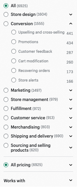 Using category filters to search for apps in the Shopify app store