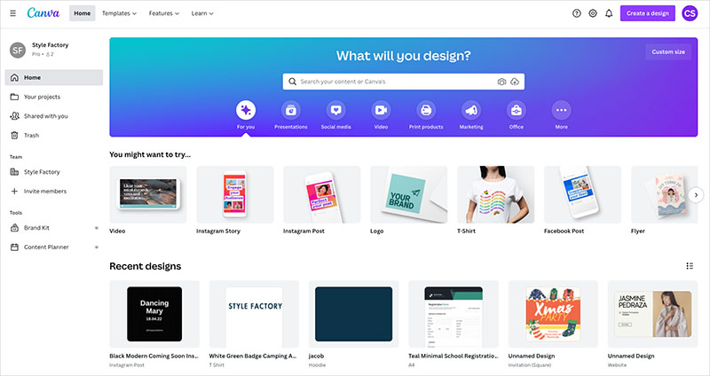 The Canva dashboard