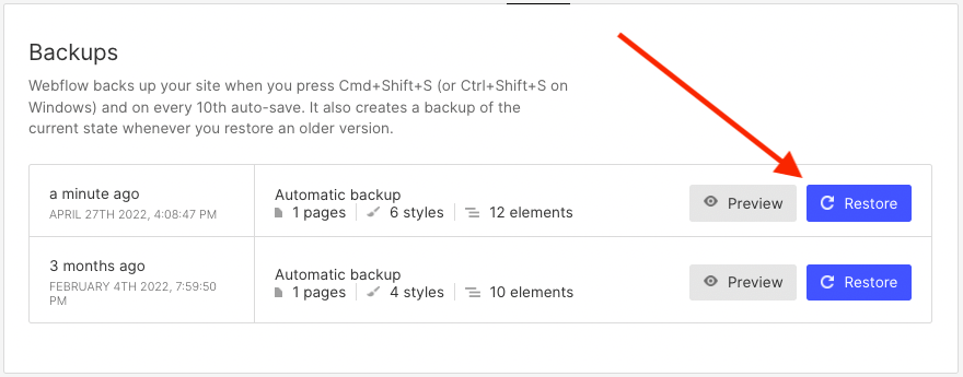 Webflow backup functionality