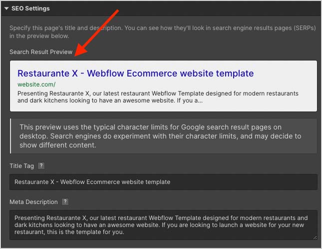 SEO settings in Webflow