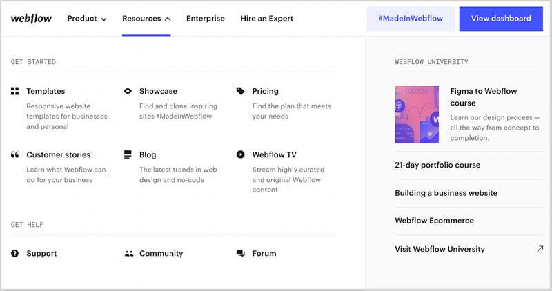 The mega menu of the Webflow platform.