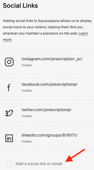 Adding social links in Squarespace