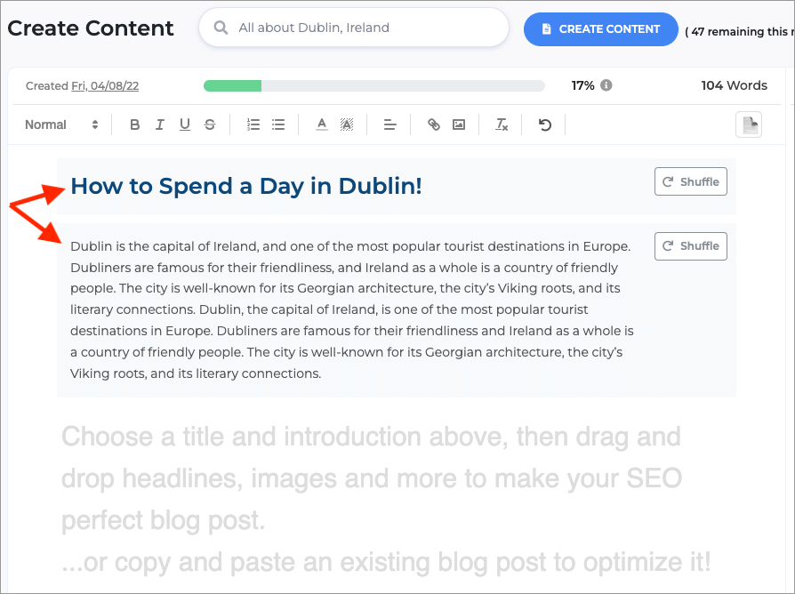 The content generator's initial suggestions for a post title and introduction
