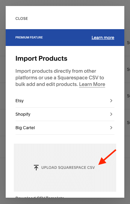 Importing products in Squarespace