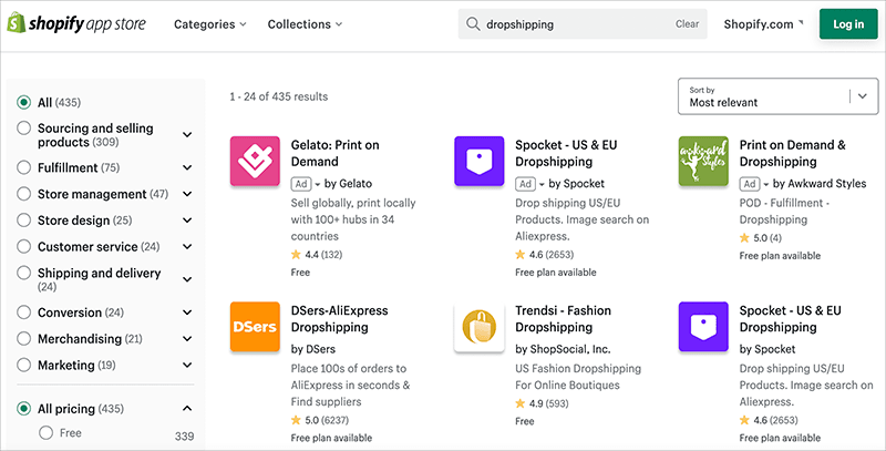 Dropshipping apps in the Shopify app store