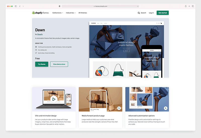 The free 'Dawn' theme in the Shopify theme store