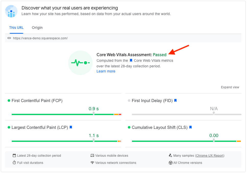 Squarespace site passing a Core Web Vitals test