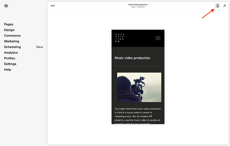 Testing a website's responsive design in Squarespace