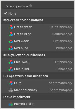 Vision preview settings to simulate vision impairment