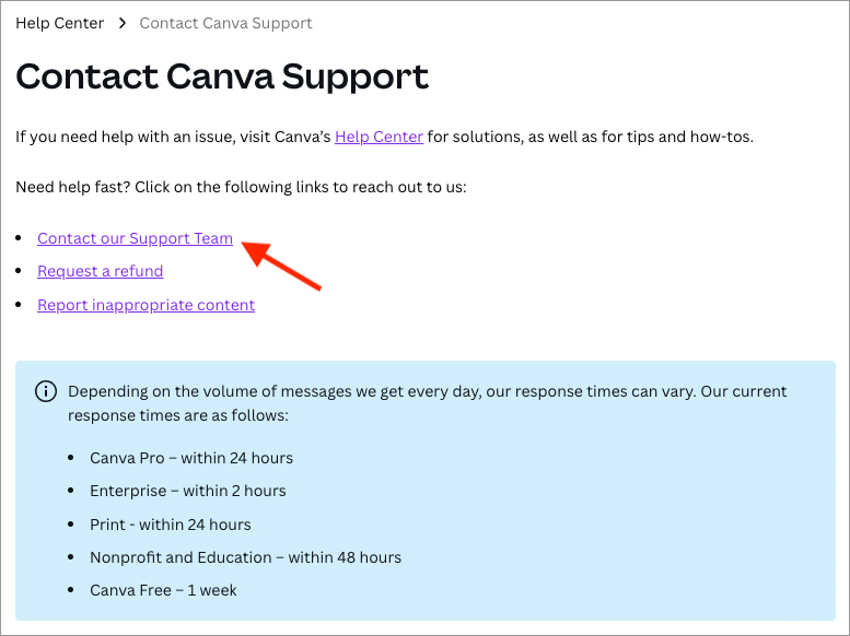 Contacting Canva's support team