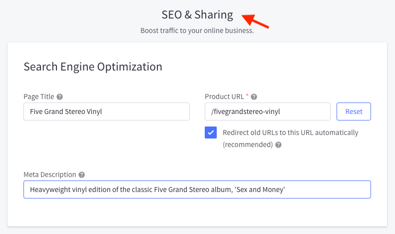 Editing SEO settings in BigCommerce