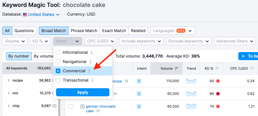 Filtering keyword suggestions by intent