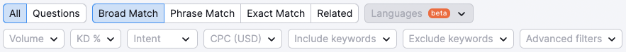 Other keyword filters in Semrush