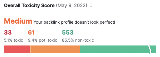 Establishing site health using Semrush's 'toxicity score.'