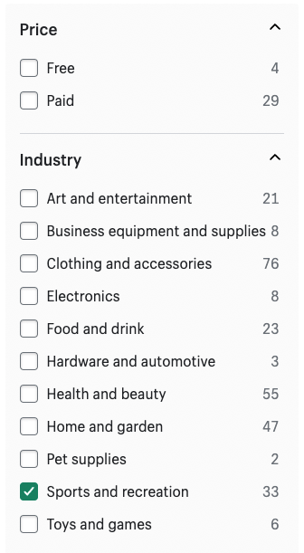 Some of the filters you can use when browsing themes in the Shopify theme store