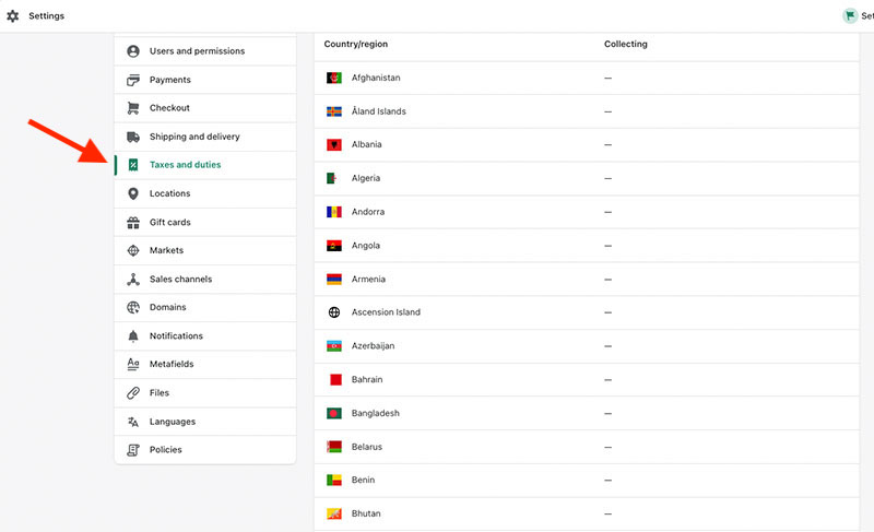 Tax and duties settings in Shopify