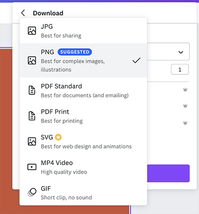 Download formats in Canva