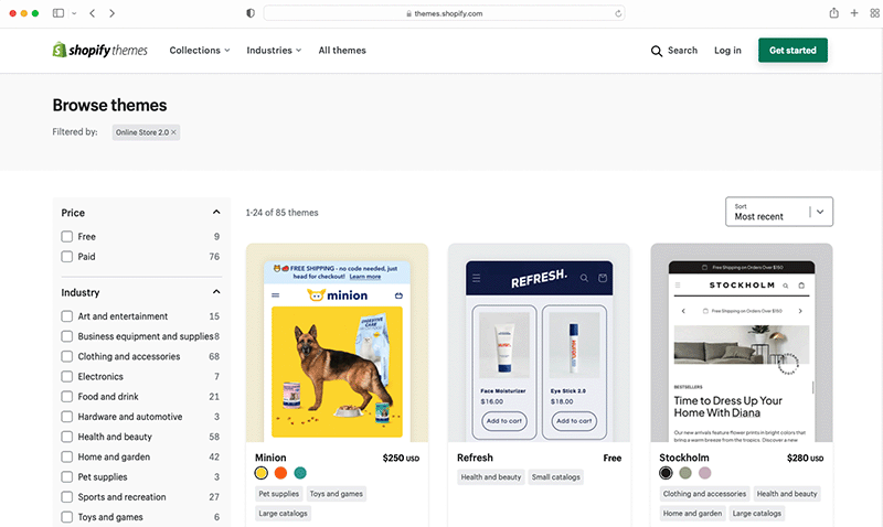 Choosing a Shopify theme in the Shopify theme store.