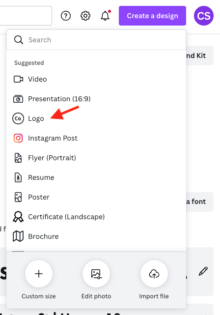 Selecting 'logo' as your design type in Canva