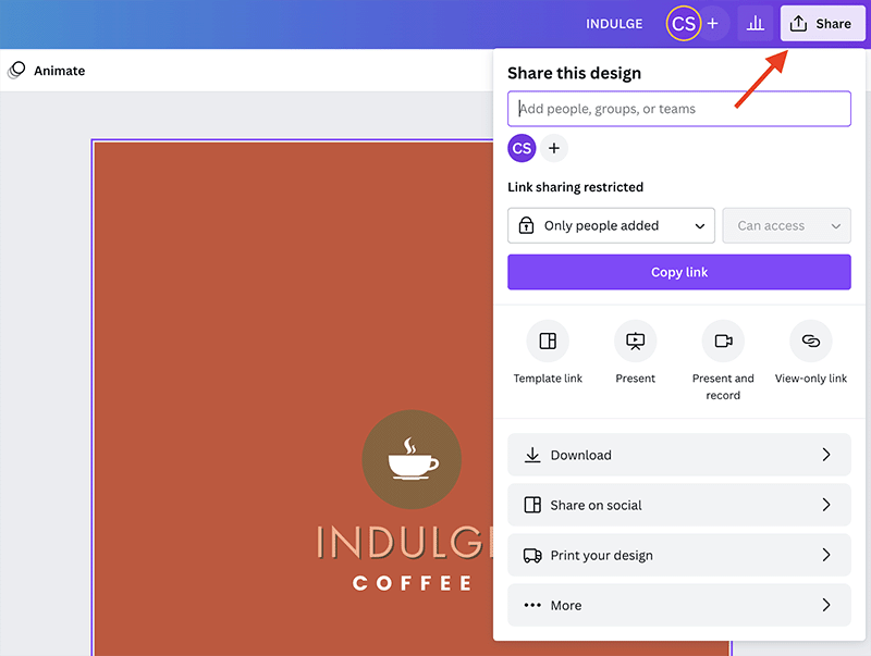 Design sharing options in Canva