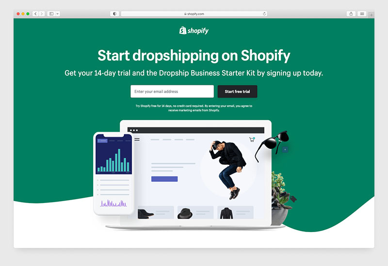 Shopify's dropshipping starter kit - a 14 day free trial plus resources on how to start dropshipping.