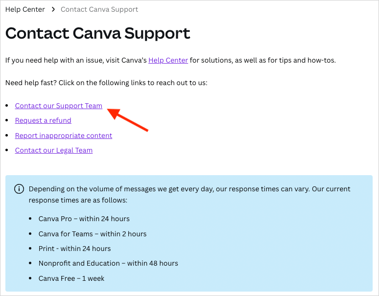 Contacting Canva's customer support team