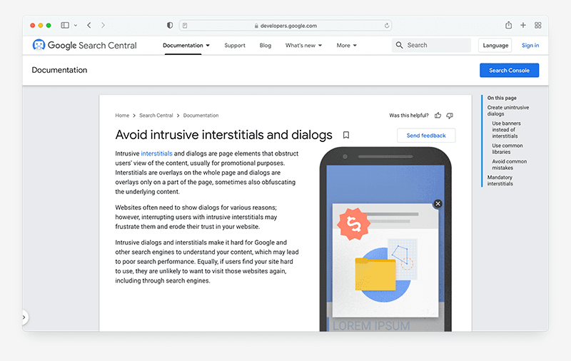 Screenshot of Google's advice on pop-up forms