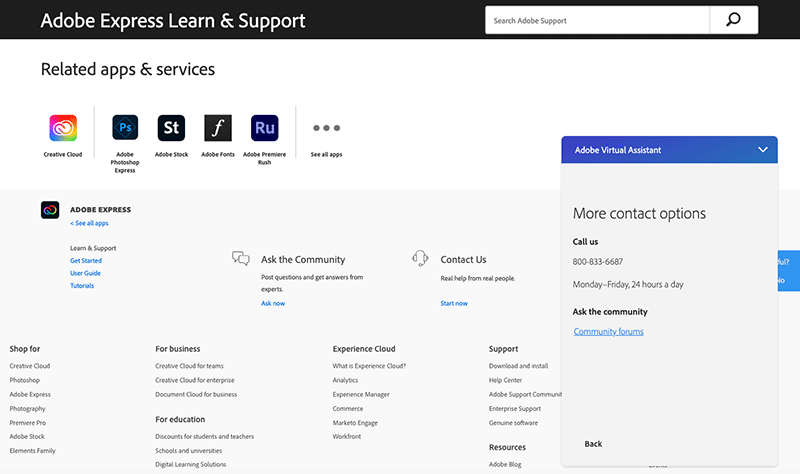 Adobe Express customer support page.