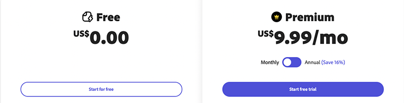 Adobe Express pricing.
