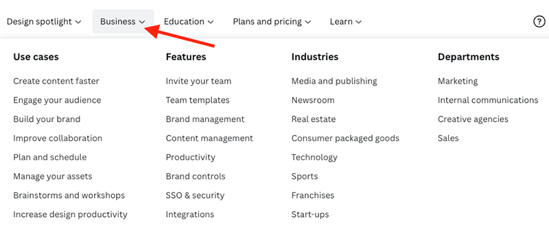 The 'Business' tab in Canva.