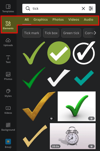 The 'elements' tab in Canva.