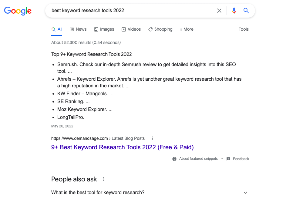 Google search results for keyword research tools