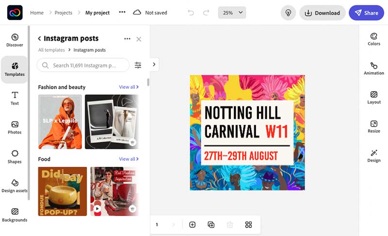 Editing an Instagram template in Adobe Express.